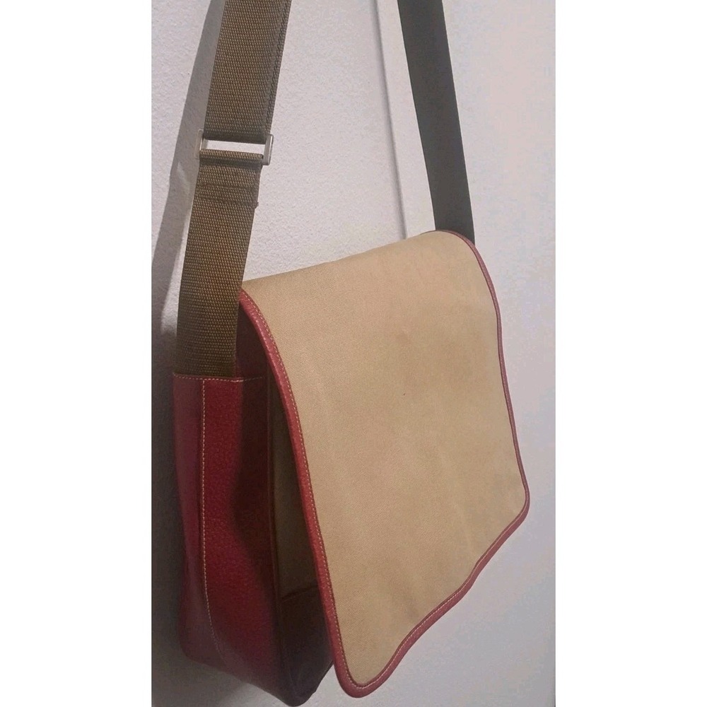 Prada Vintage Messenger Bag Canvas Leather Red Tan Crossbody Authentic Italy Y2K